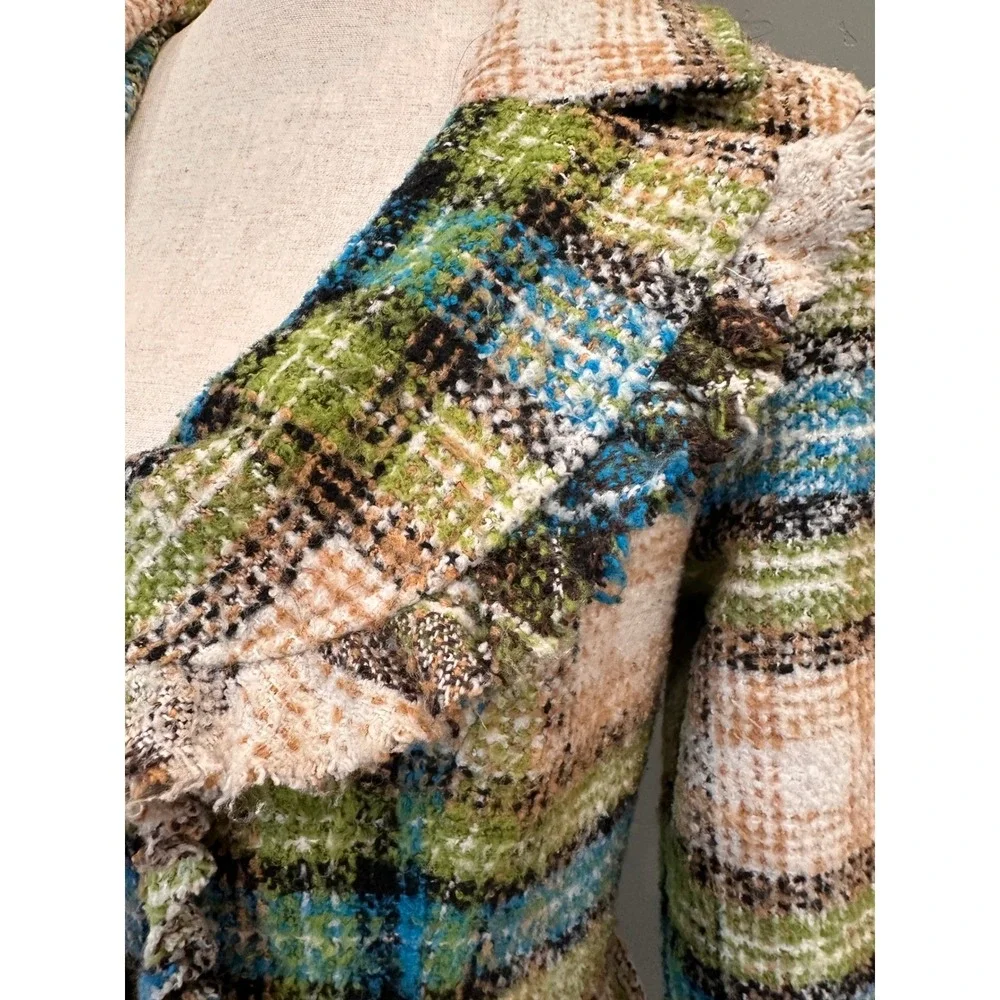 Anthropologie Nick &‎ Mo Retro Tweed Plaid Wool Flare Coat Small Fringed Boho